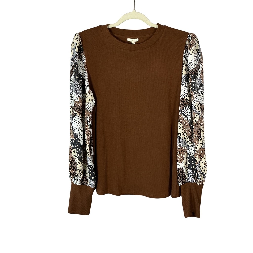 Jodifl Brown Ribbed Knit Top Mixed Animal Print Puff Sleeve Blouse G21302 L
